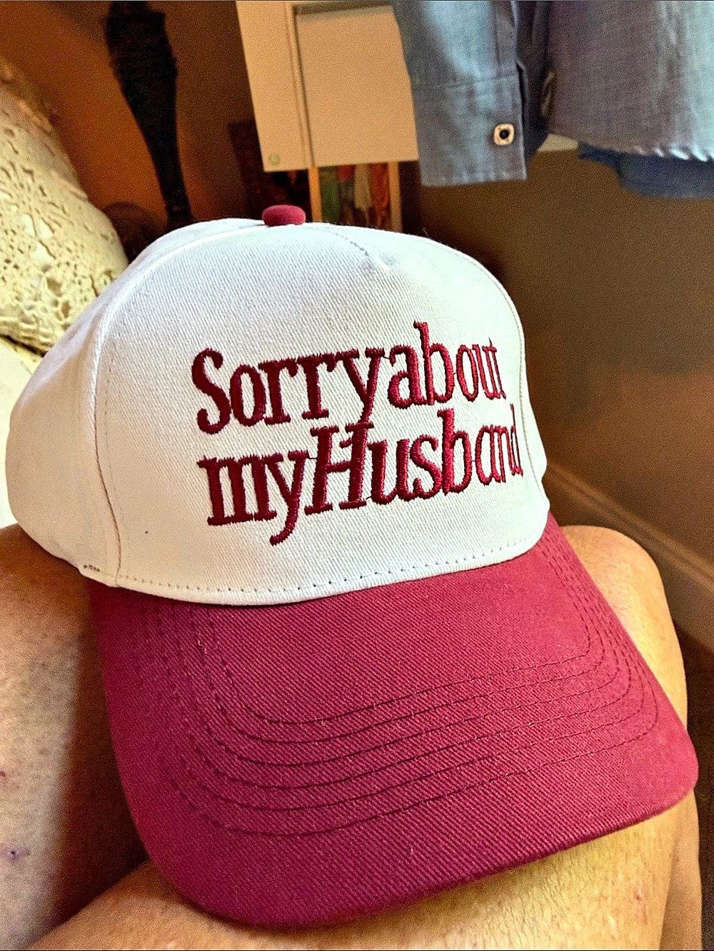 Sorry about my Husband Embroidered Cotton Cap in White & Red